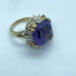 Vintage Panetta Square Cut Amethyst Colored Rhinestone Sterling Gold Tone Ring